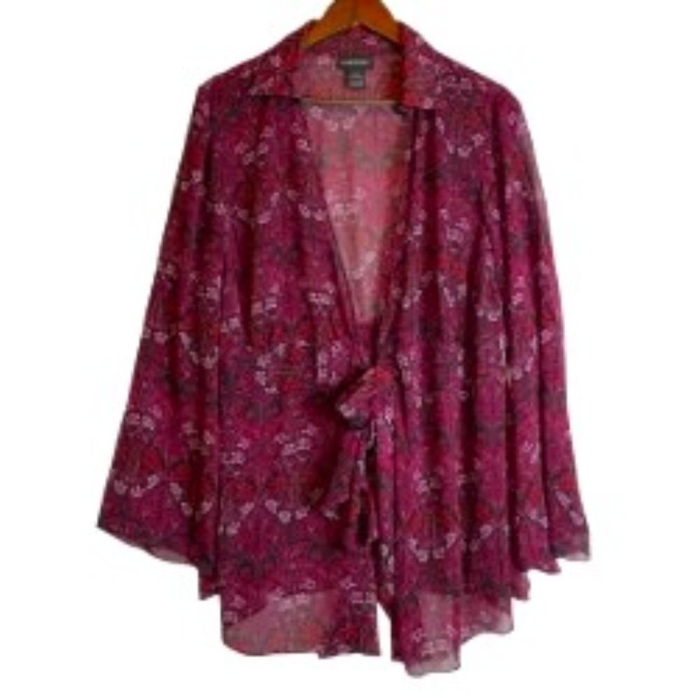 LANE BRYANT SHEER FLORAL FRONT TIE BLOUSE MAGENTA BLACK PINK 14/16